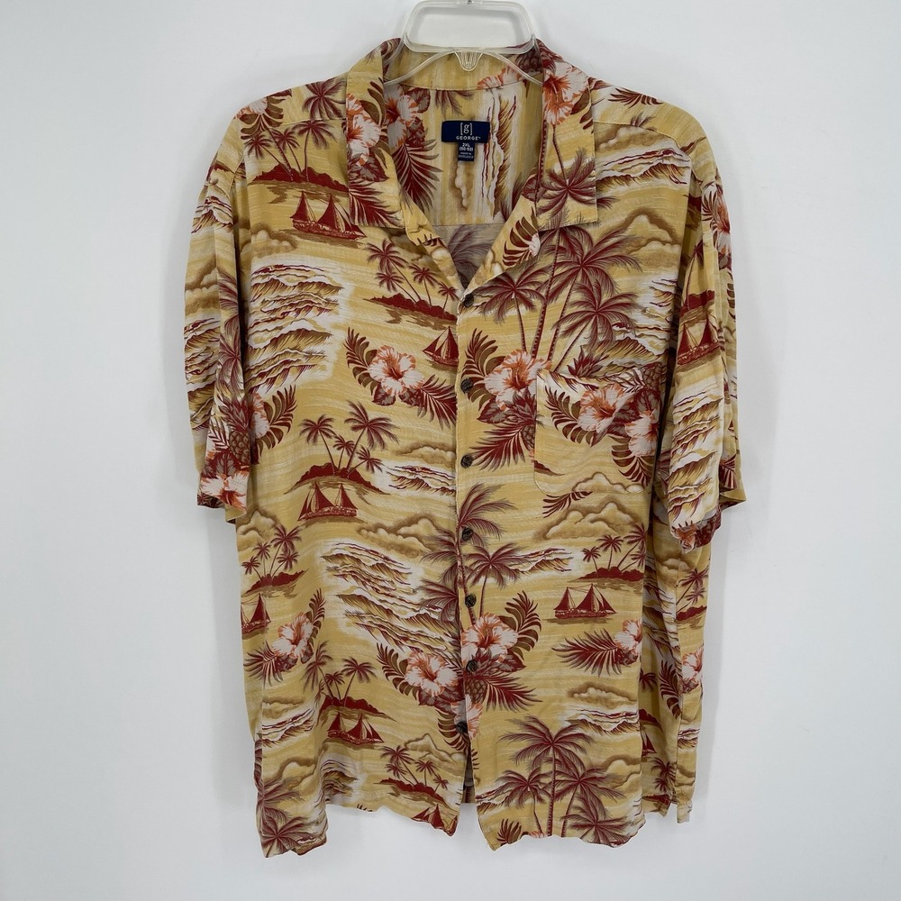 George Men's Yellow Tropical Palm Hibiscus‎ Button Front Hawaiian Shirt Size 2XL